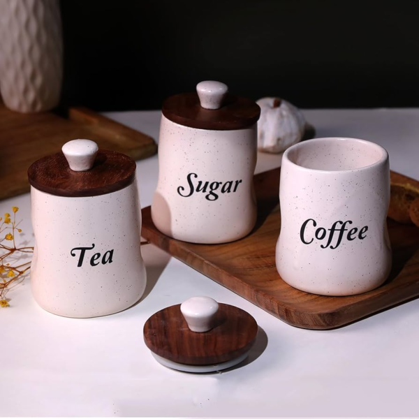 Ceramic Tea Coffee Sugar Containers Set of 3 with Wooden Lids